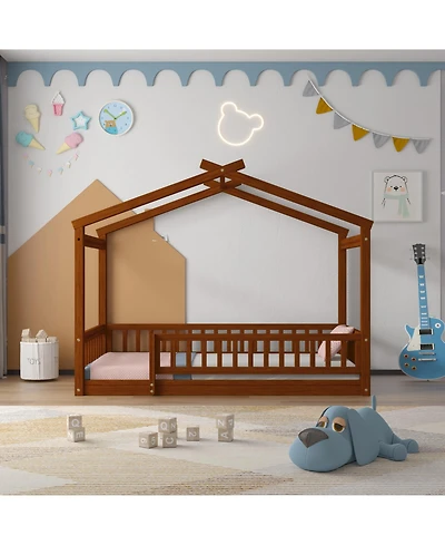 flynama Wood House Bed Walnut Roof Fence Pine Wood Frame 7 Slats Kids Teens