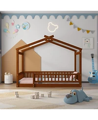 flynama Wood House Bed Walnut Roof Fence Pine Wood Frame 7 Slats Kids Teens