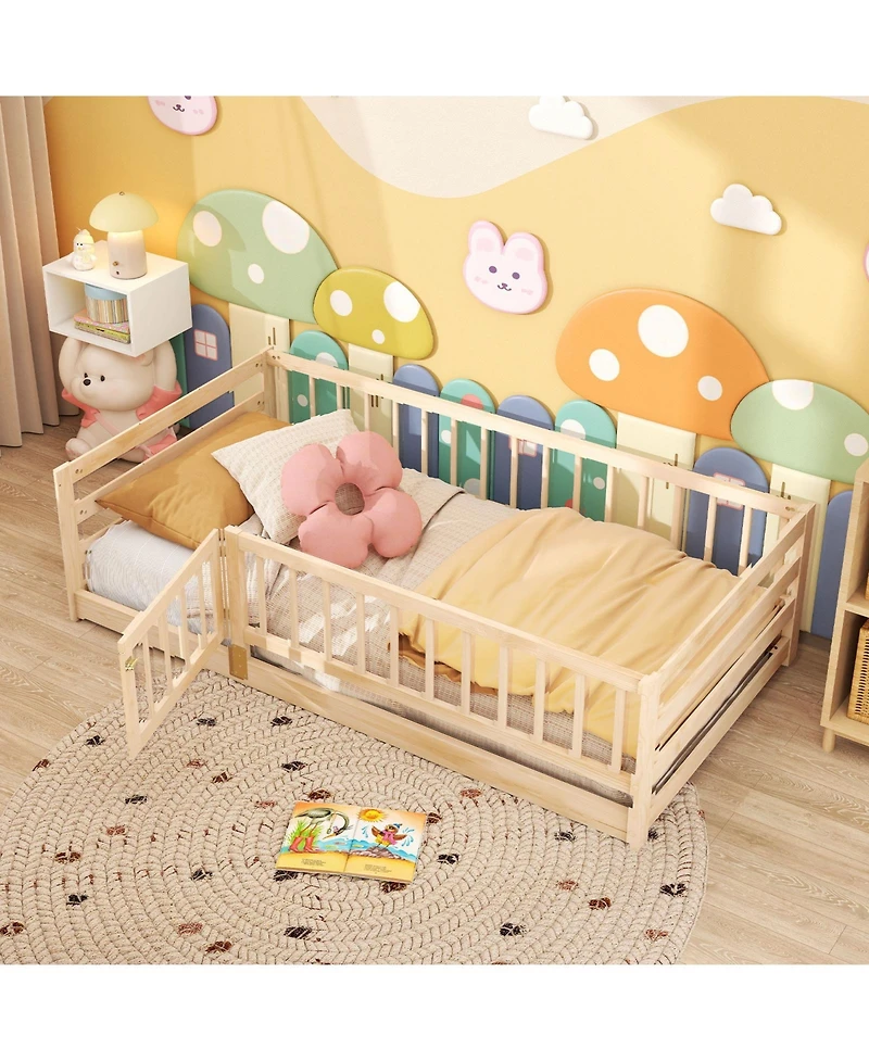 Sugift Twin Floor Bed with High Fence and Door Playhouse Design