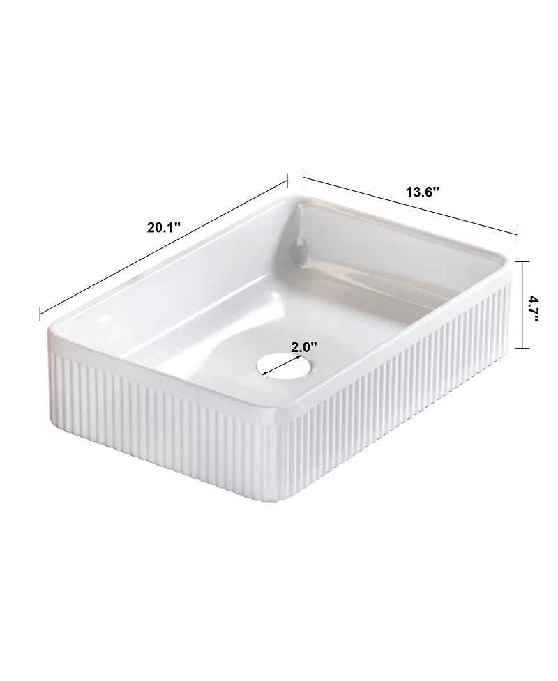 Sillysis 20.1" White Rectangular Ceramic Vessel Sink, Modern Drop-In Bathroom Basin with Vertical Stripe, Contemporary Style