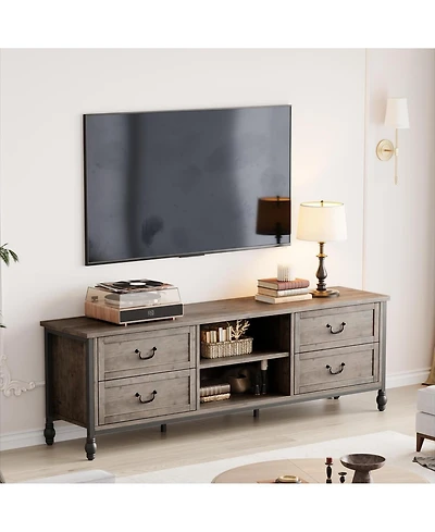 gaomon 70 Inch Mid-Century Modern Tv Stand with Storage, Featuring Metal Roman Columns and Drawer, Tv Console Table for Living Room