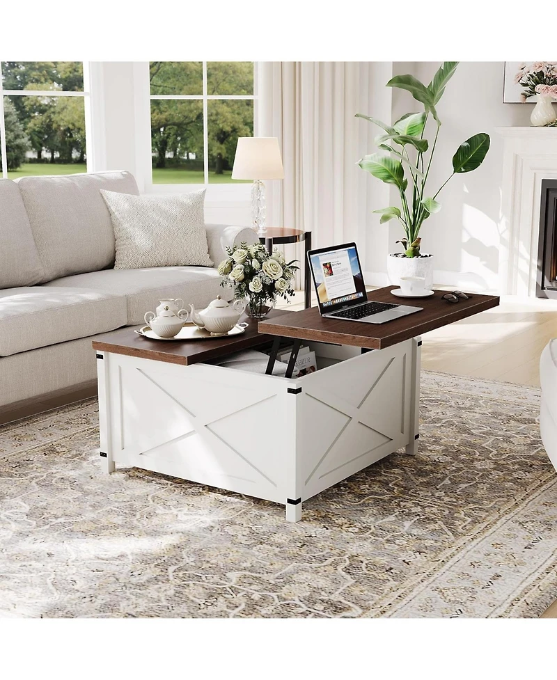 gaomon Farmhouse Coffee Table with Lift Top, 315" Square Rustic Cocktail Table with Storage, x-Shaped Design & Industrial Metal Accents, Sturdy W