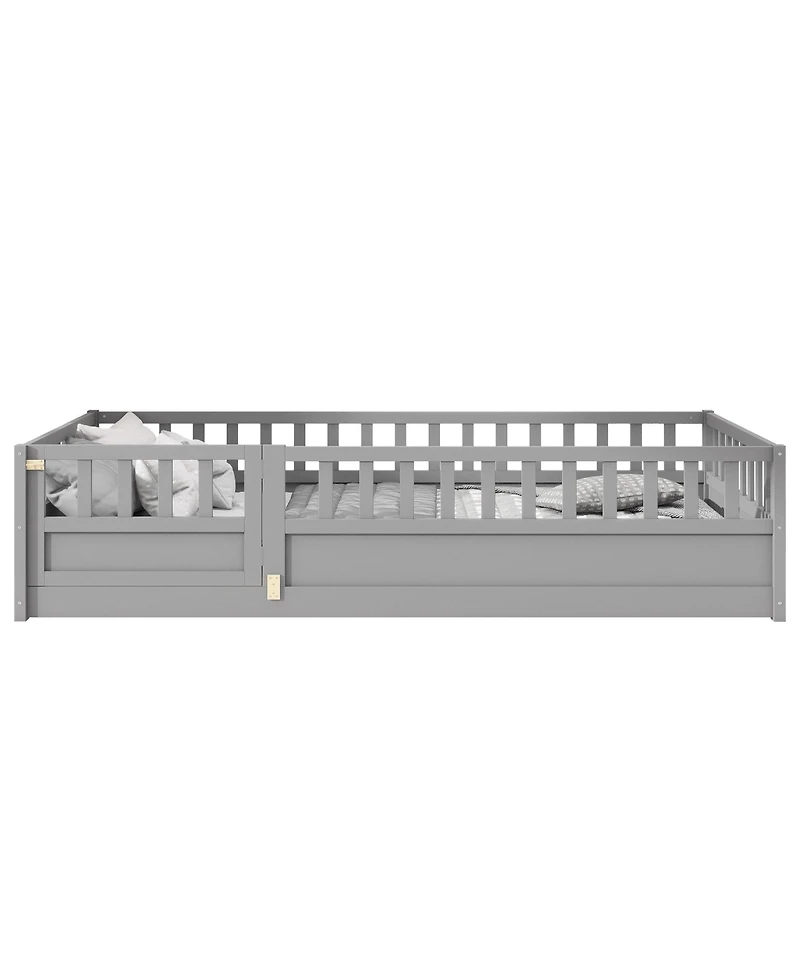 flynama Montessori Wooden Floor Bed With Support Slat High Barrier And Door For Kids