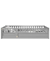 flynama Montessori Wooden Floor Bed With Support Slat High Barrier And Door For Kids