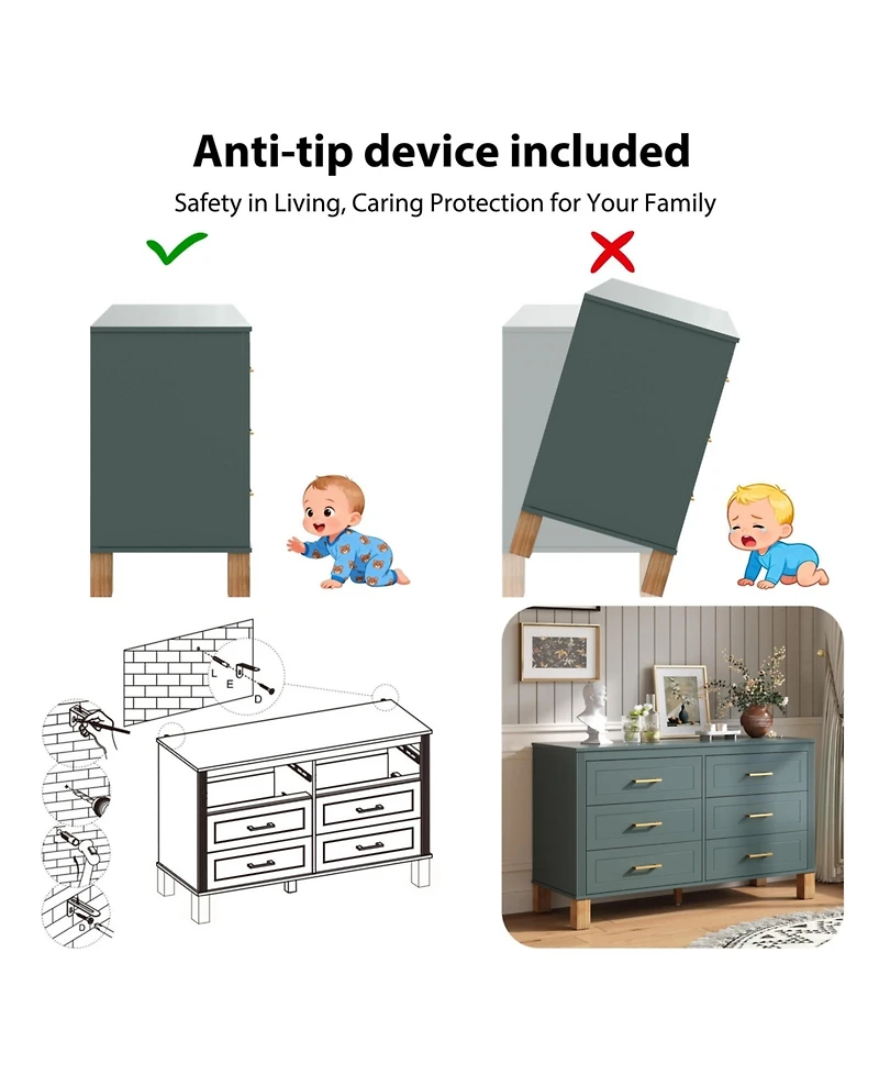 flynama 6 Drawer Double Dresser Modern Mid Century Storage Cabinet and Solid Wood Legs Metal Handles for Bedroom Kids Room Living Room