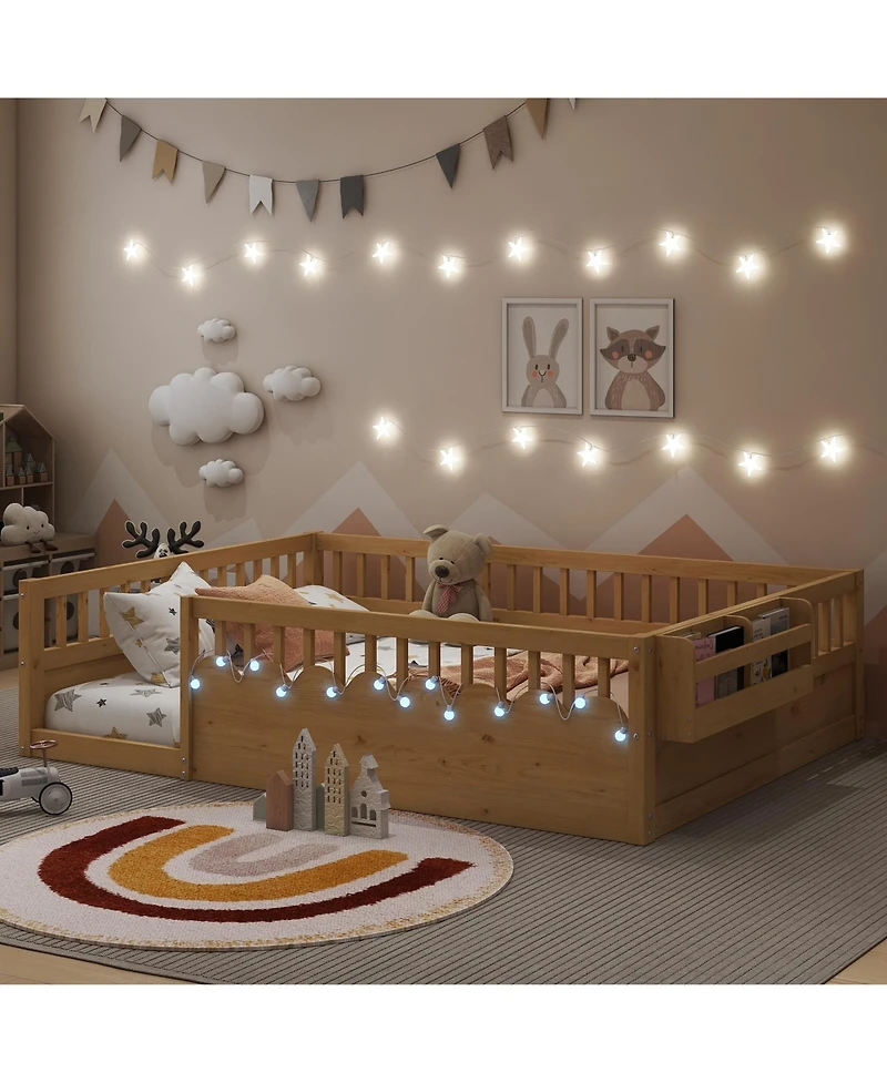 flynama Wood Montessori Floor Bed with High Rails Led Light and Reversible Storage Shelf