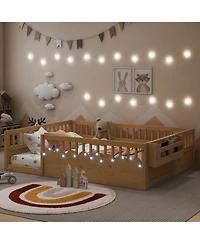 flynama Wood Montessori Floor Bed with High Rails Led Light and Reversible Storage Shelf