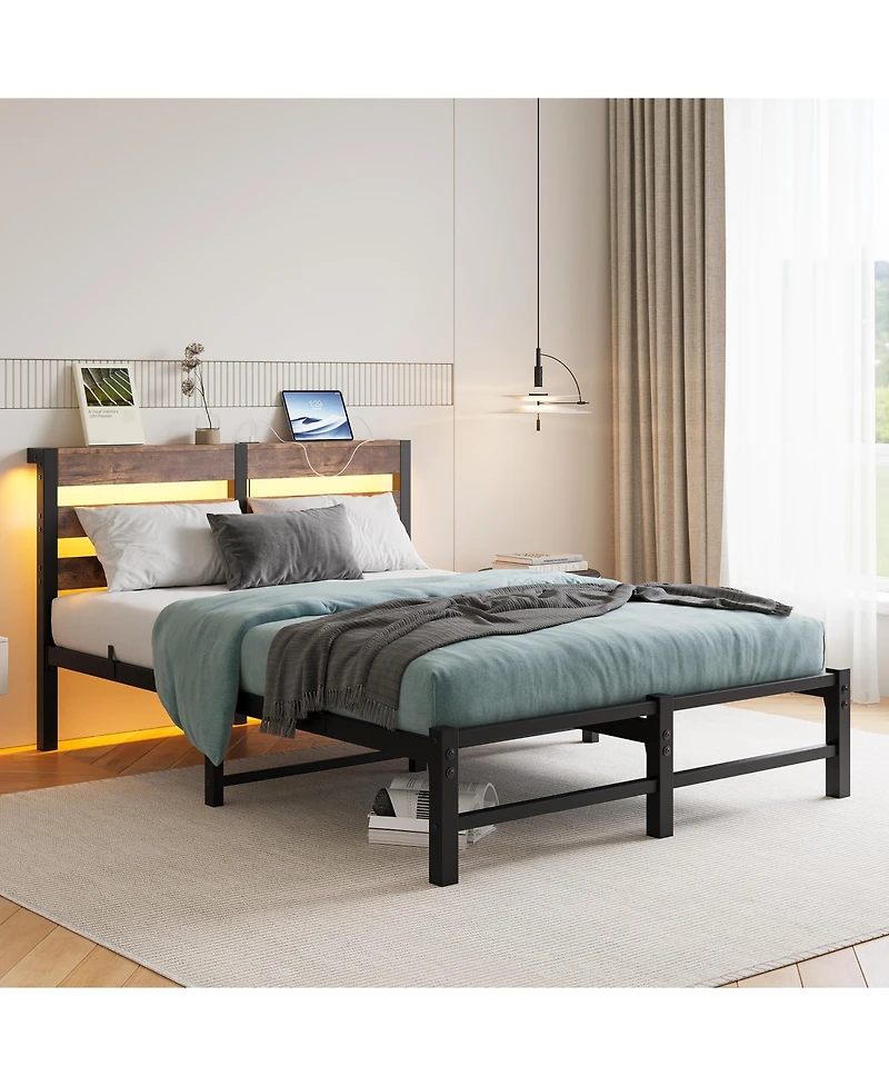 flynama Metal Bed Wooden Headboard Rgb Lights Charger Storage