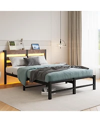flynama Metal Bed Wooden Headboard Rgb Lights Charger Storage