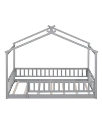 flynama Wood House Bed Roof Fence Pine Wood Frame 7 Slats Kids Teens