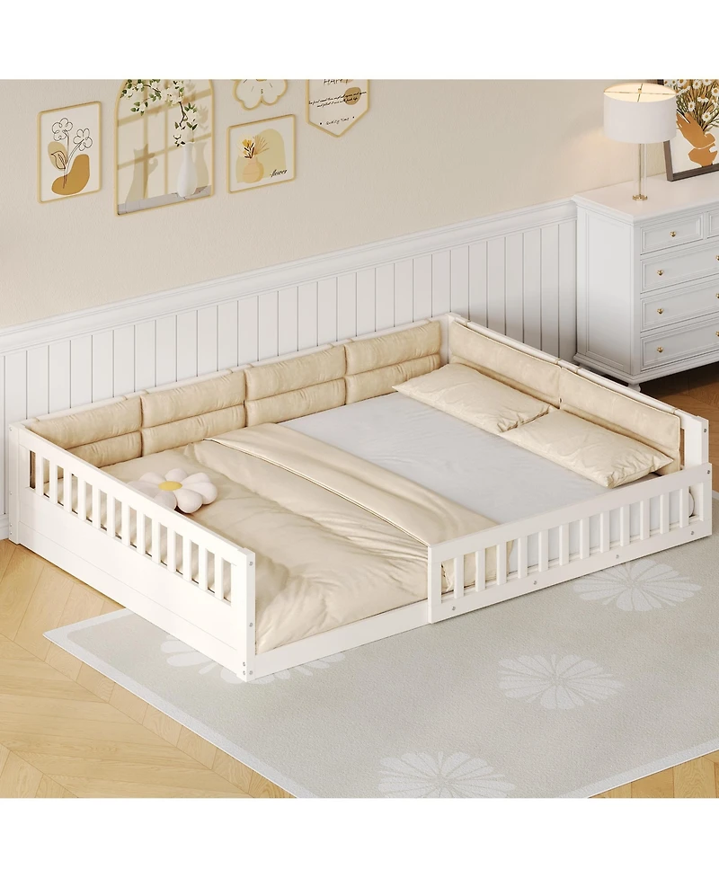 flynama Wood Upholstered Platform Bed Guardrail Fluffy Pillows Pine Wood Mdf