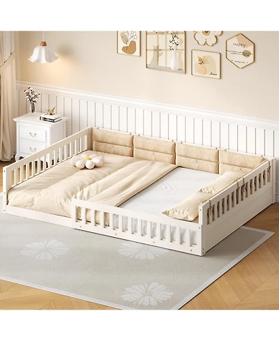 flynama Wood Upholstered Platform Bed Guardrail Fluffy Pillows Pine Wood Mdf