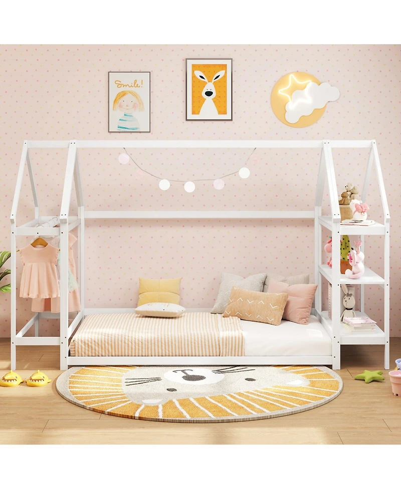 Sugift Twin Montessori Floor House Bed with Detachable Storage Shelves