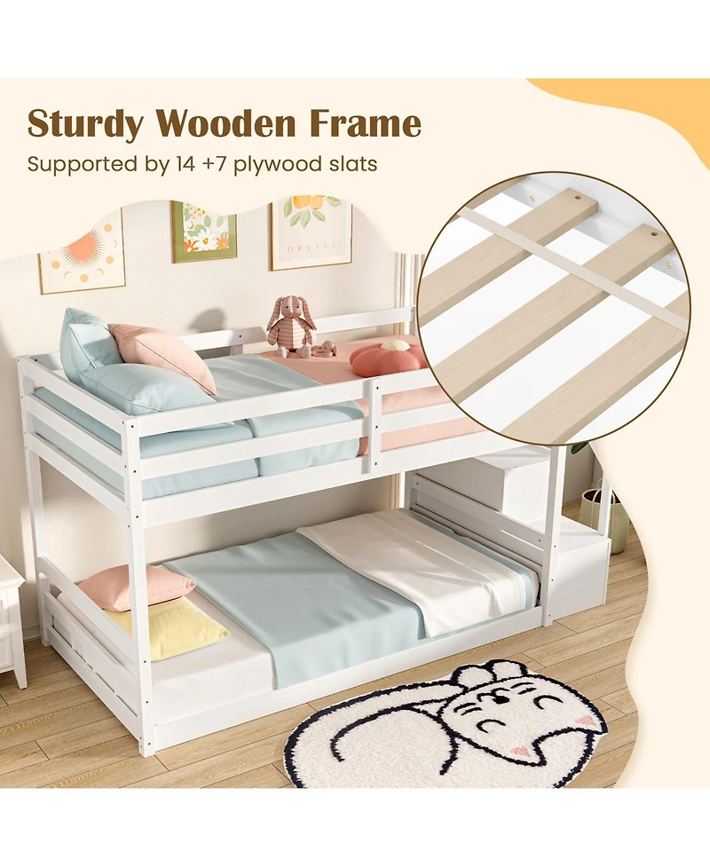 Sugift Twin Over Twin Low Bunk Bed with Storage Stairs Solid Wood