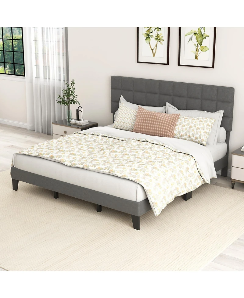 Sugift King Size Modern Linen Bed Frame with Adjustable Headboard