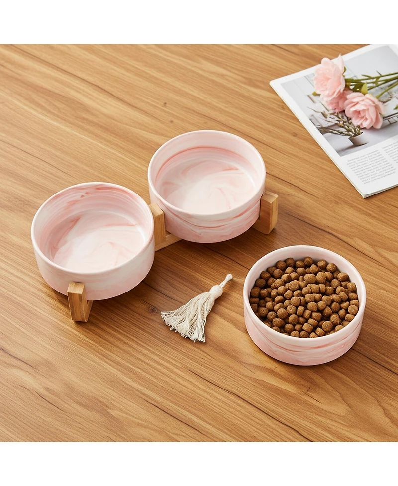 Aronkl Ceramic Cat Dog Bowl Set with Wood Stand Non Slip 13.5 Ounces Easy Wash Safe Pet Feeder