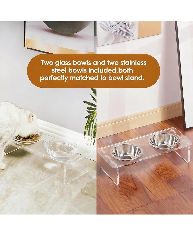 Aronkl Elevated Pet Feeder Stand with Stainless Steel & Glass Bowls for Small/Medium Dogs Cats