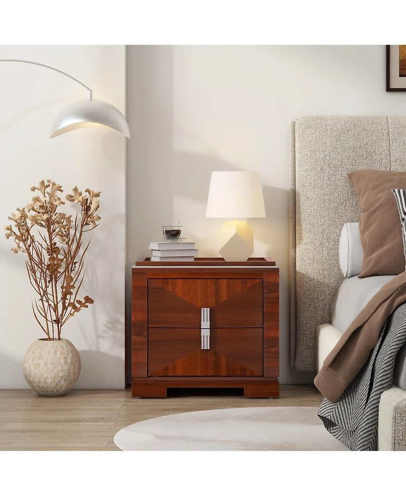 Flynama Elegant Modern Wooden Nightstand with 2 Drawers Finish Bedside Table for Bedroom Living Room