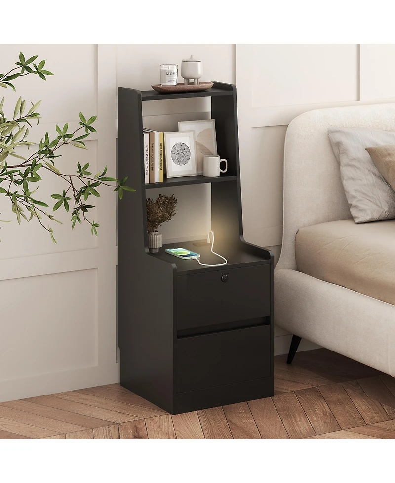 Flynama Modern Nightstand with Storage Space and Led Light Glass Top Jewelry Storage Bedside Table