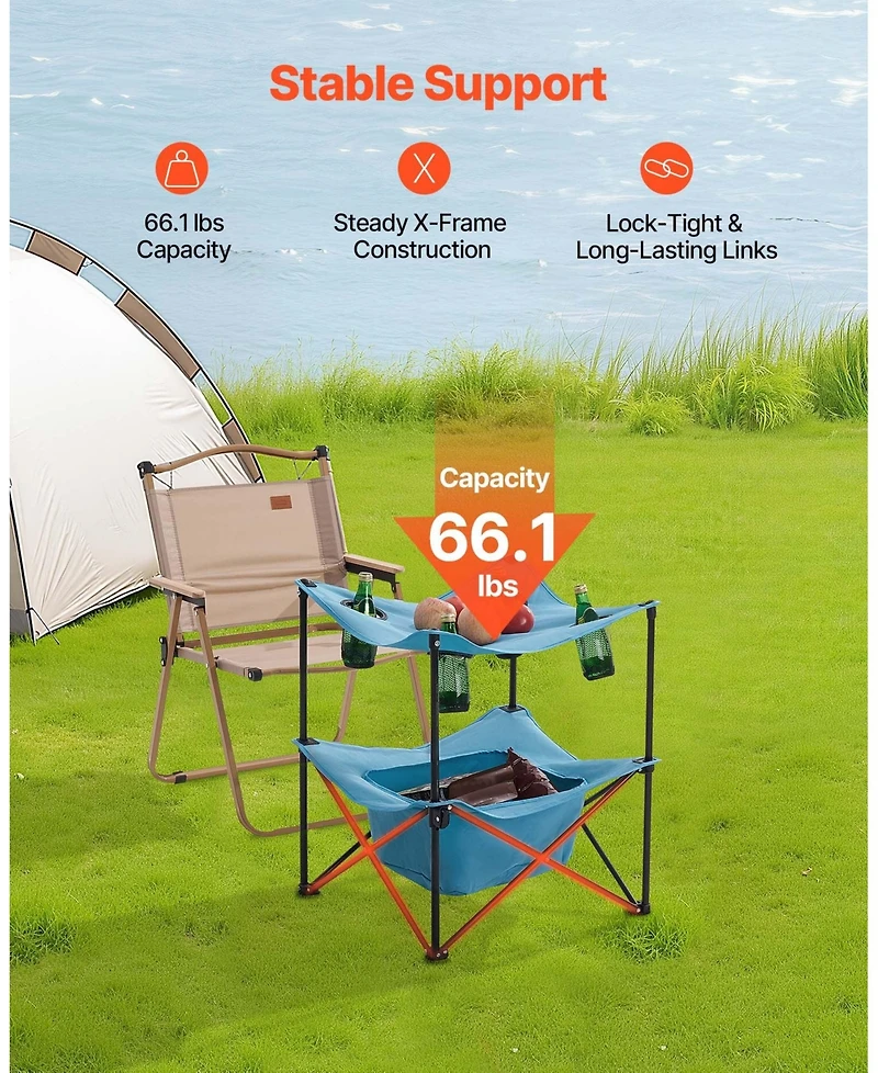 Mecale Folding Camping Table, 600D Waterproof Oxford Top with 4 Cup Holders, Carry Bag