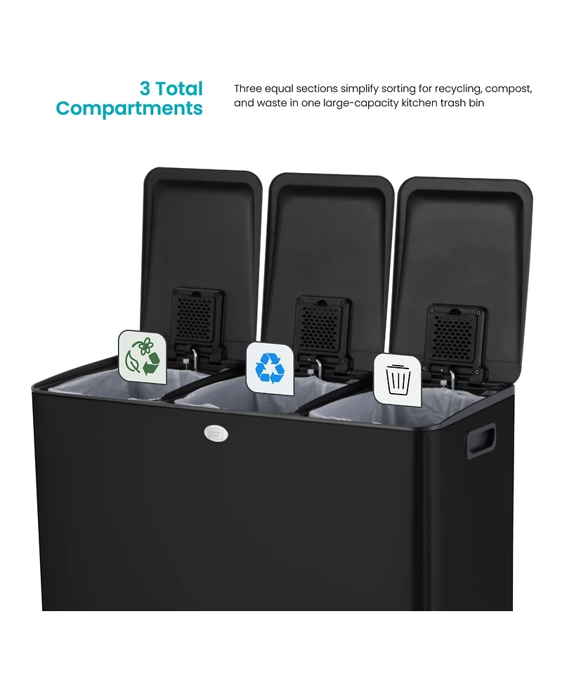 Home Zone Living 24 Gallon Triple-Compartment Stainless Steel Kitchen Trash Can with Step Pedals and Soft-Close Lids