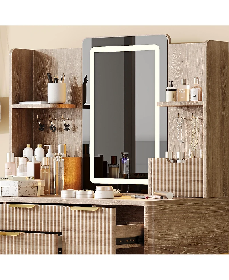 Flynama Modern Standard Led Vanity Table with Basic Mirror Natural Wood and Cushioned Stool Makeup