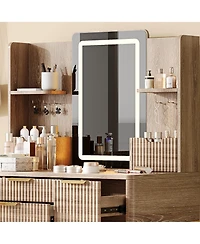 Flynama Modern Standard Led Vanity Table with Basic Mirror Natural Wood and Cushioned Stool Makeup