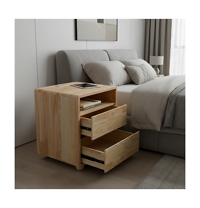 Flynama Elegant Modern Wooden Nightstand with Drawers Natural Finish Bedside Table for Bedroom Living Room