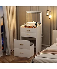 Flynama Space Saving Small Led Vanity Table with Basic Standard Mirror Classic and Cushioned Stool