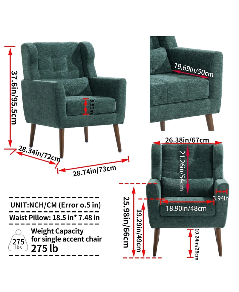 Rainsken Chenille Accent Chair, Modern Upholstered Armchair with Waist Pillow and Tapered Wooden Legs for Living Room