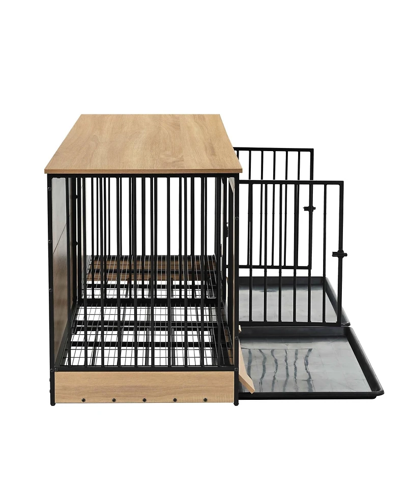 Aostirmotor Double Room Dog Crate Furniture – Xl Wooden Kennel with Trays for 2 Large Dogs