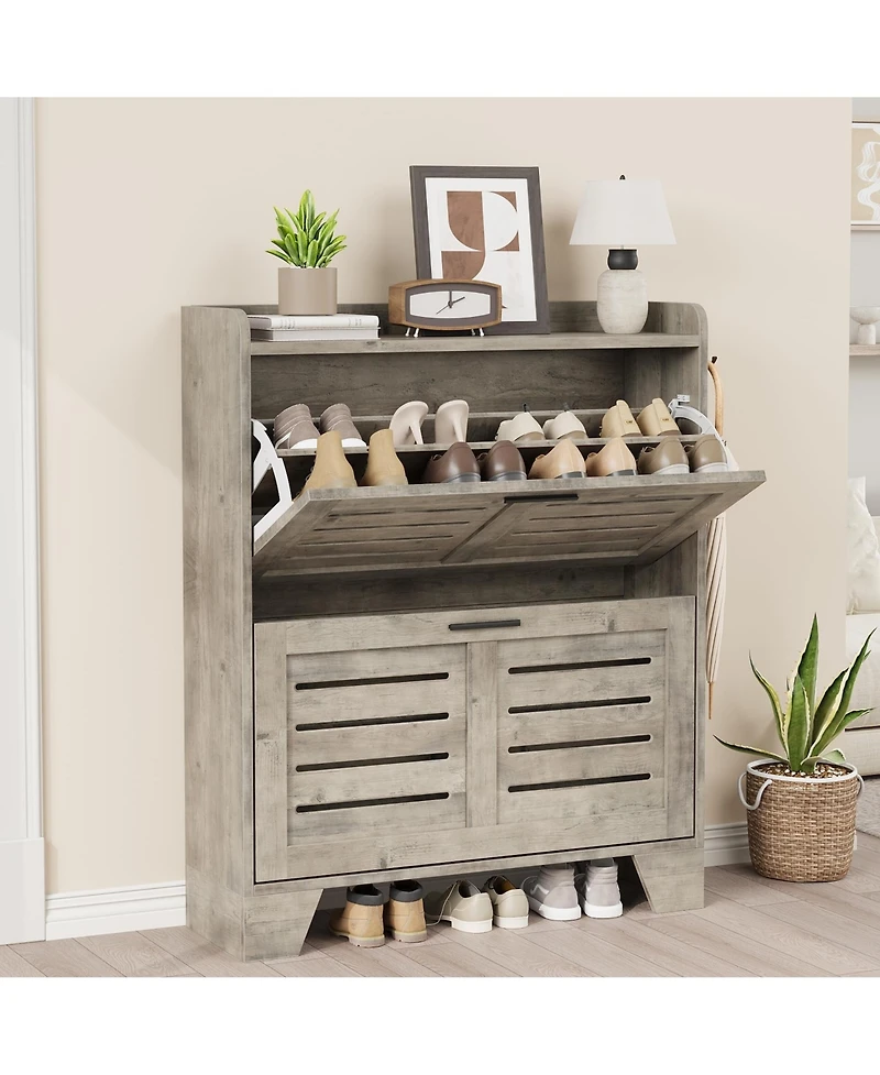 gaomon Farmhouse Narrow Slim Shoe Cabinet, 2 Flip Drawers for Entryway Organization