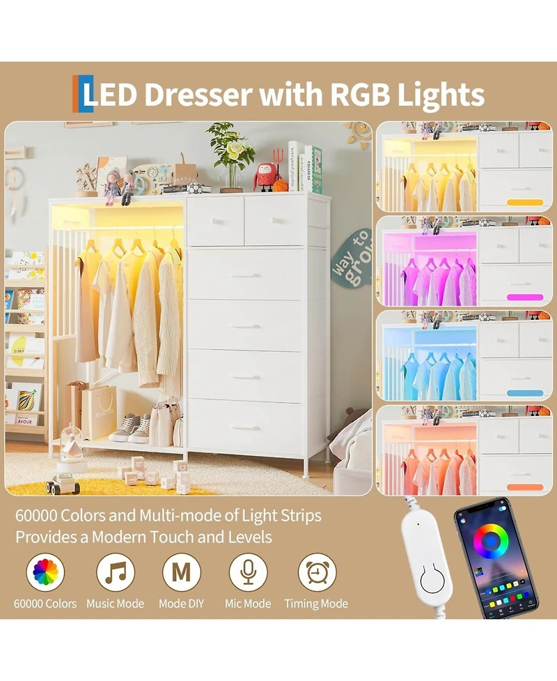 gaomon Dresser with Hanging Rack, Reversible 6 Drawers Led Lights & Charging Station, Fabric Closet Dressers Chest of