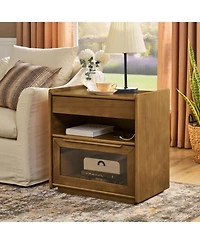 Flynama Luxurious Contemporary Walnut Nightstand with 2 Drawers Glass Top Bedroom Storage Furniture