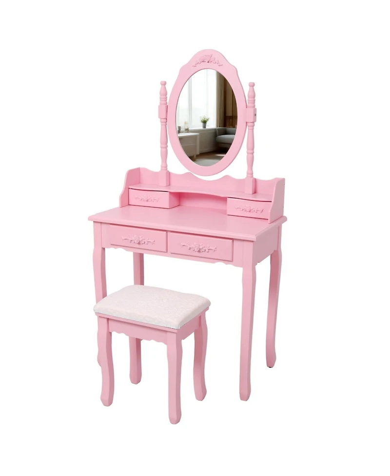 Flynama Princess Vanity Desk Set with 360 Rotating Mirror Cushioned Stool 4 Drawer Wooden Makeup Table for Girls Bedroom