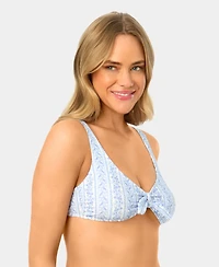 California Waves Women's Toile Stripe Knot Front Swim Bikini Top