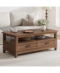 gaomon Farmhouse Coffee Table with Drawers, Center Rustic Tables Living Room Table, Open Shelf and 6 Support