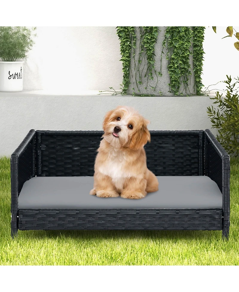 Gymax Rattan Dog Bed w/ Waterproof Soft Cushion Metal Frame for Medium Small Dogs Cats