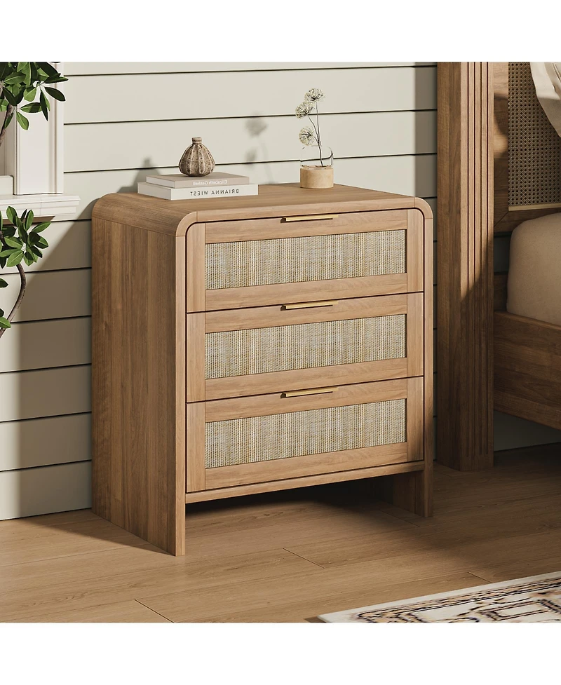 Flynama Stylish Rattan Nightstand with 3 Drawers Finish Bedroom Living Room Storage Table