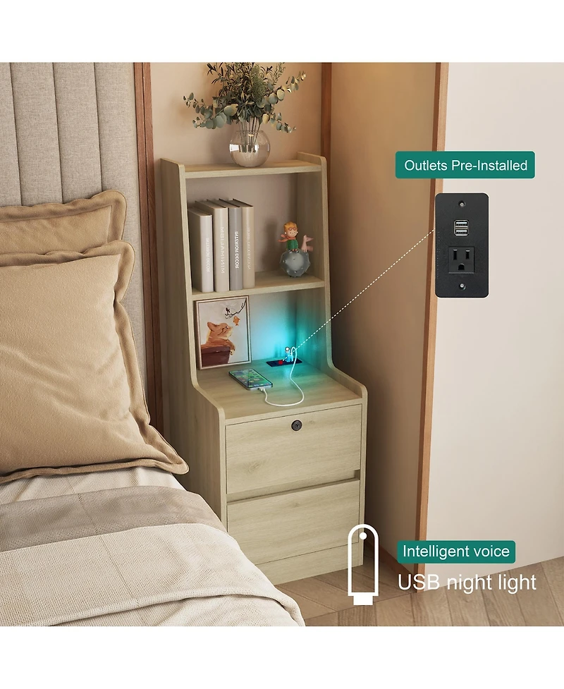 Flynama Modern Neutral Nightstand with Storage Space and Led Light Glass Top Jewelry Storage Bedside Table