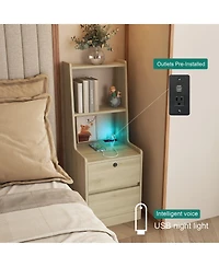 Flynama Modern Neutral Nightstand with Storage Space and Led Light Glass Top Jewelry Storage Bedside Table
