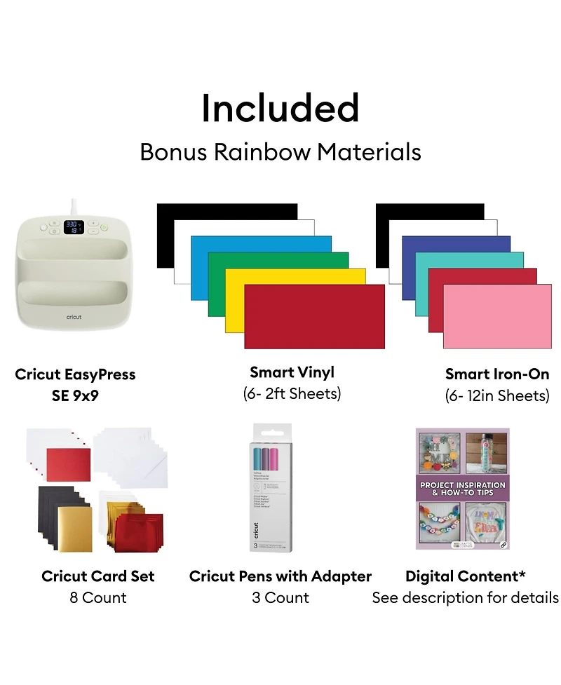Cricut Explore 5 Crafting Bundle with EasyPress 9x9, Smart Vinyl and Iron-On, Pens and Card Set