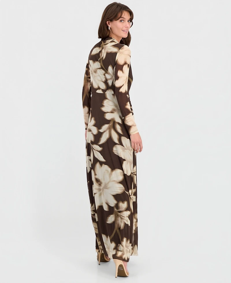 Anne Klein Women's Twist-Front Long-Sleeve Mesh Maxi Dress