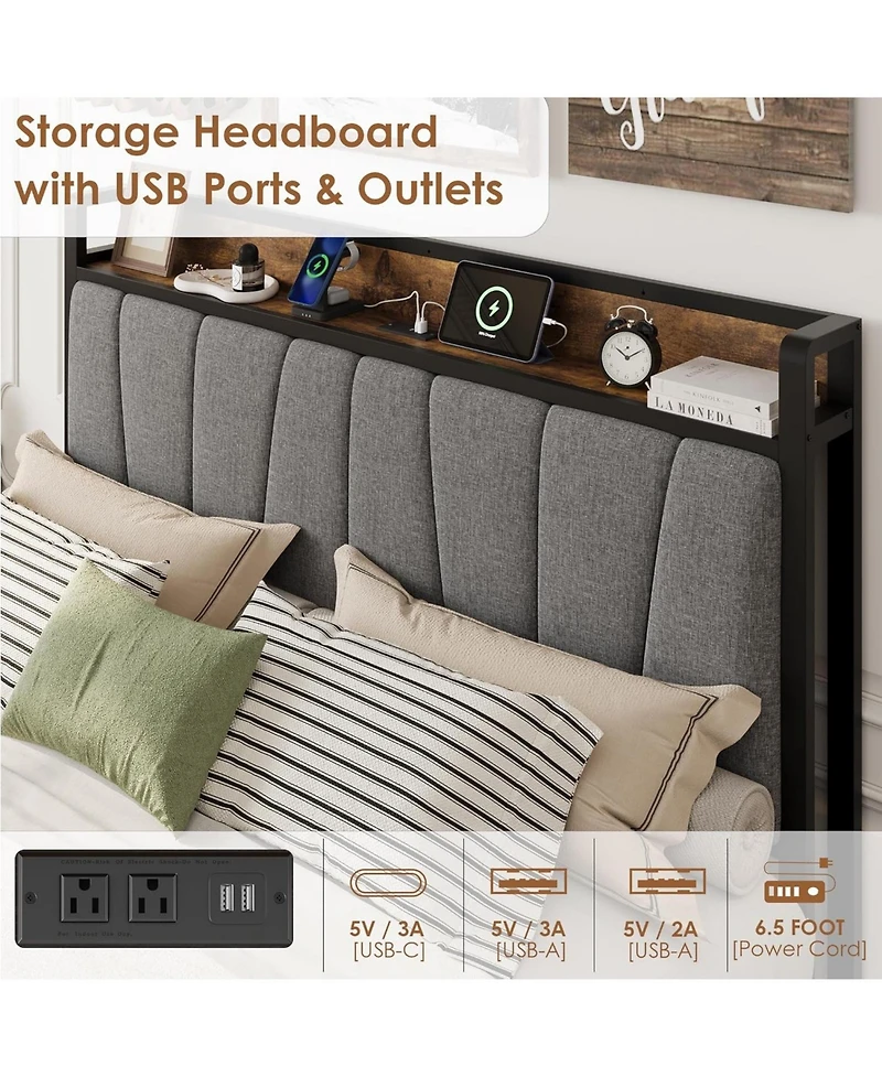 gaomon Full Bed Frame with 2 Drawers Charging Station Rustic Linen Upholstered No Box Spring Needed