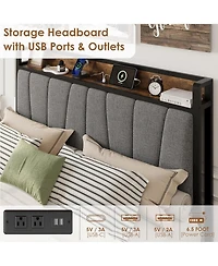 gaomon Full Bed Frame with 2 Drawers Charging Station Rustic Linen Upholstered No Box Spring Needed