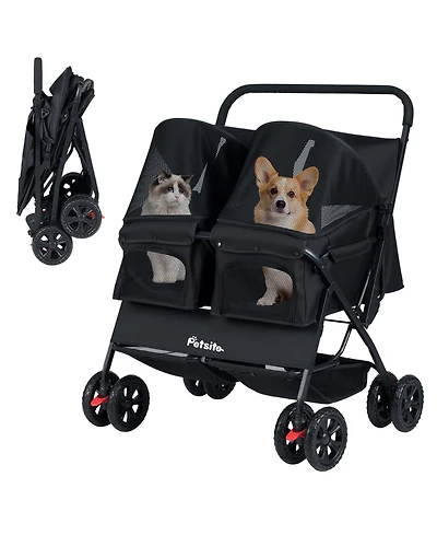 Gymax Double Pet Stroller w/ 2-seater Carrier Adjustable Sunshade Removable Pad