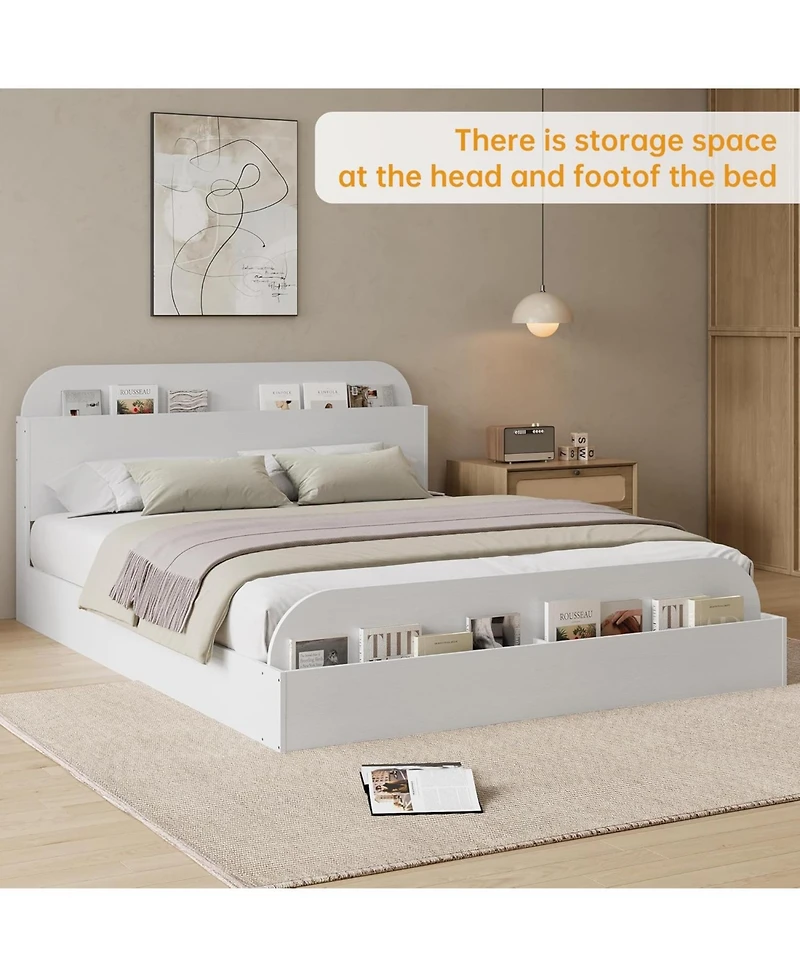 gaomon Full Bed Frame with Storage Headboard and Raised Footboard Low Platform Wood Slats No Box Spring