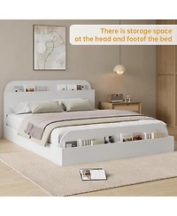 gaomon Full Bed Frame with Storage Headboard and Raised Footboard Low Platform Wood Slats No Box Spring