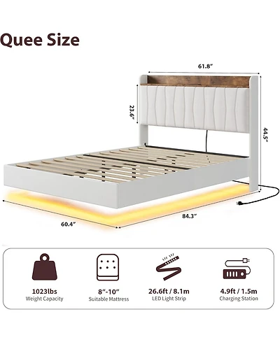 gaomon Queen Floating Bed Frame with Led Lights and Charging Station Storage Headboard Wood Slats No Box Spring