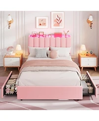 gaomon Bed Frame with Led Storage Headboard, 2 Drawers, Boucle Upholstery, Bookcase, Girls Platform, No Box Spring